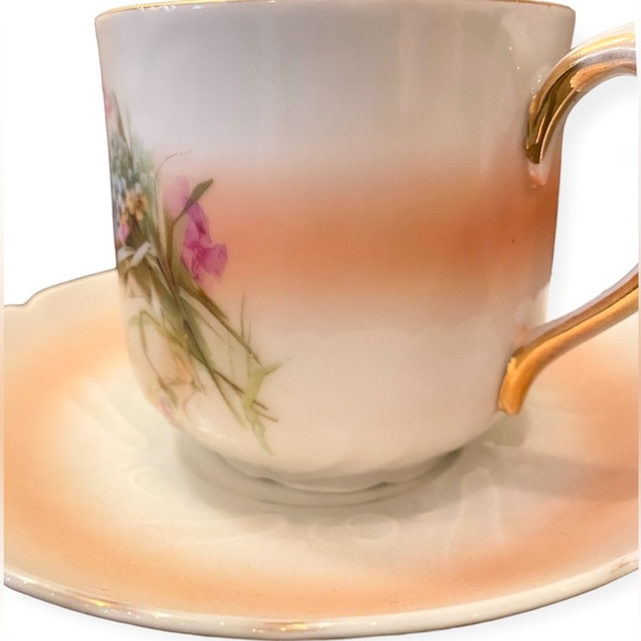 Antique Victorian Hand-Painted Peach Floral XL Shaving Scuttle Mug & Saucer Set - Picture 6 of 12